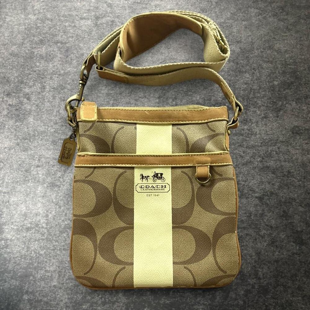 Vintage Coach Signature C Khaki Cream Stripe Swingpack Crossbody Bag Y2K
